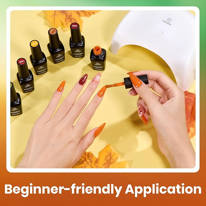 Beetles Fall Gel Nail Polish Set, 6Pcs Yellow Orange Burgundy Red Green Gel Polish Golden Glitter Nails Kit Autumn Realm Collection DIY Nail Art Gifts for Women-VivaGrace Women