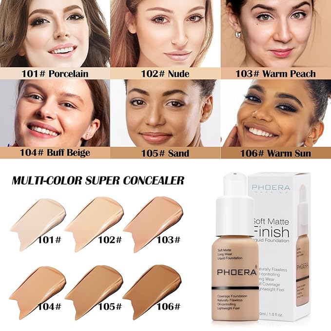 PHOERA Foundation Makeup Naturally Liquid Foundation Full Coverage Mattle Oil-Control Concealer 8 Colors Optional,Great Choice For Gift (#106 Warm Sun,30ml)-VivaGrace Women