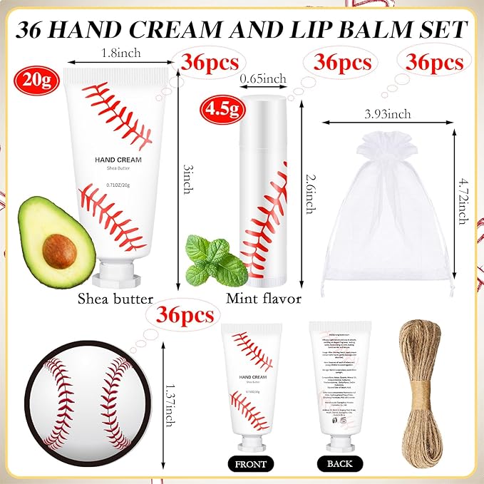 144 Pcs Baseball Lip Balm Hand Cream Set Baseball Party Supply, Include 36 Baseball Lip Balm 36 Moisturizing Hand Cream 36 Baseball Bag 36 Baseball Card and Rope for Baseball Accessories Gifts-VivaGrace Women