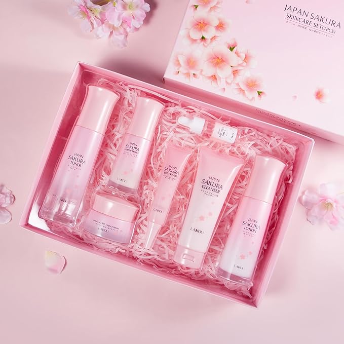 Skin Care Set JAPAN SAKURA Beauty Gift Sets Skin Care Kit with Cleanser, Toner, Lotion, Serum, Eye Cream, Face Cream, Make up Primer Travel Kit for Women Wife Mom 7pcs-VivaGrace Women