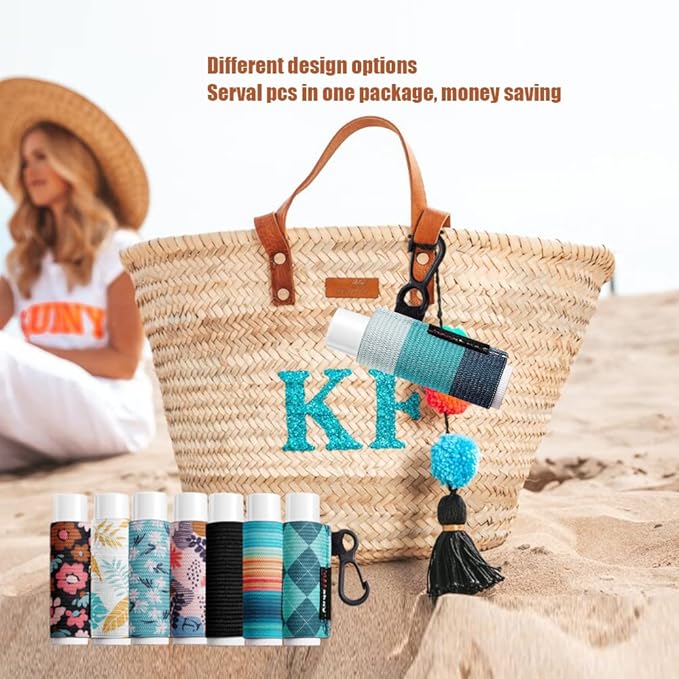 HEYSKAY Lip Balm Holder Sleeves Keychain Chapstick Elastic Sleeves (Black/light blue strip/dark blue strip) 3 Count (Pack of 1)-VivaGrace Women