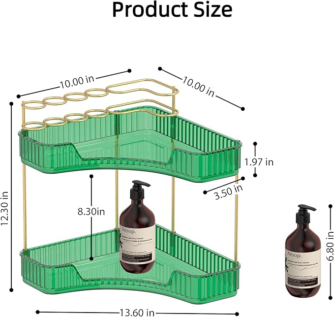 2 Tier Corner Bathroom Organizer Countertop, Vanity Makeup Organizer with Brush Holder, Space-Saving Skincare Storage Corner Shelf for Bathroom, Dressing Table, Kitchen-VivaGrace Women