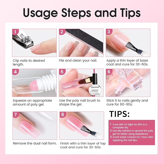 JEWHITENY Poly Extension Gel Nail Set Clear White Pink Poly Nail Gel With Base Coat Top Coat for Finger Art and Home DIY French Manicure Need U V Lamp Curing-VivaGrace Women