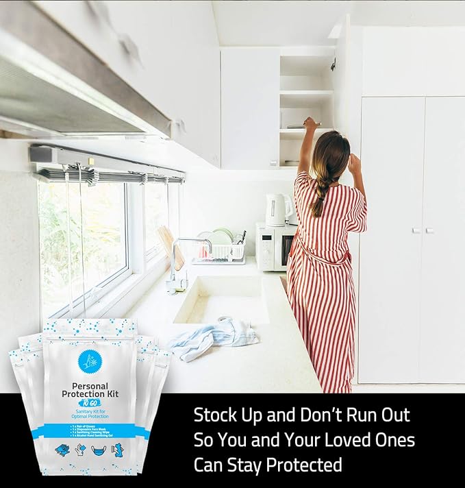 Personal Protection Kit TO GO, Mini 4 Item PPE Kit for travel and school | Includes 1 Each of Face Covering, Gloves, Cleansing Wipes & Hand Cleansing Gel | 10 - Pack (Light Blue)-VivaGrace Women