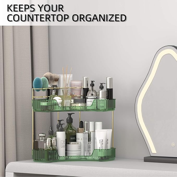 2 Tier Corner Bathroom Organizer Countertop, Vanity Makeup Organizer with Brush Holder, Space-Saving Skincare Storage Corner Shelf for Bathroom, Dressing Table, Kitchen-VivaGrace Women