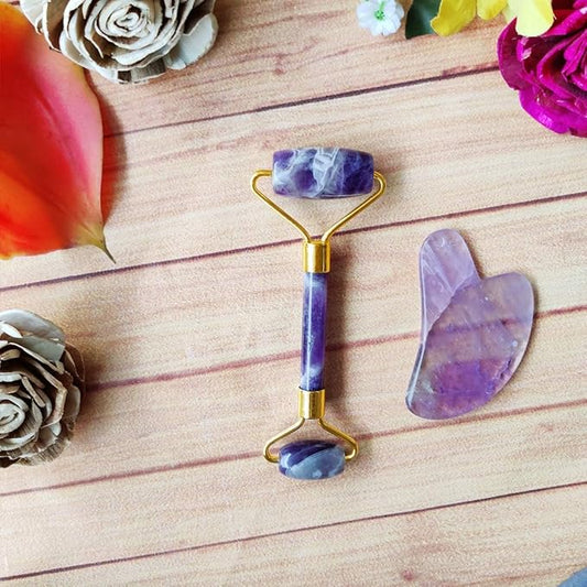 Amethyst Massage Roller and Gua sha Set | Reduces Wrinkles, Fine lines and Dark Circles | Pink Jade Roller | Anti-aging Massager for Skin Toning and Tightening for Face, Eyes, Neck-VivaGrace Women