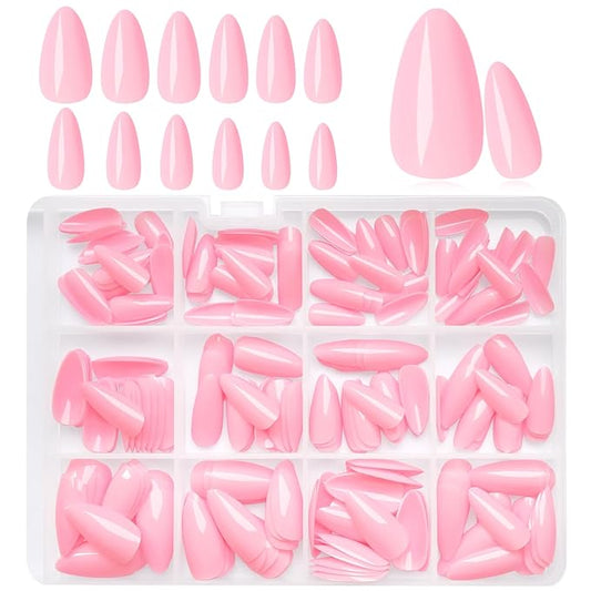 LoveOurHome 240pc Medium Almond Press on Nails Colored Pink Fake Nail Tips Full Cover Artificial Fingernail French Stiletto Manicure with Adhesive Tabs for Women Girls