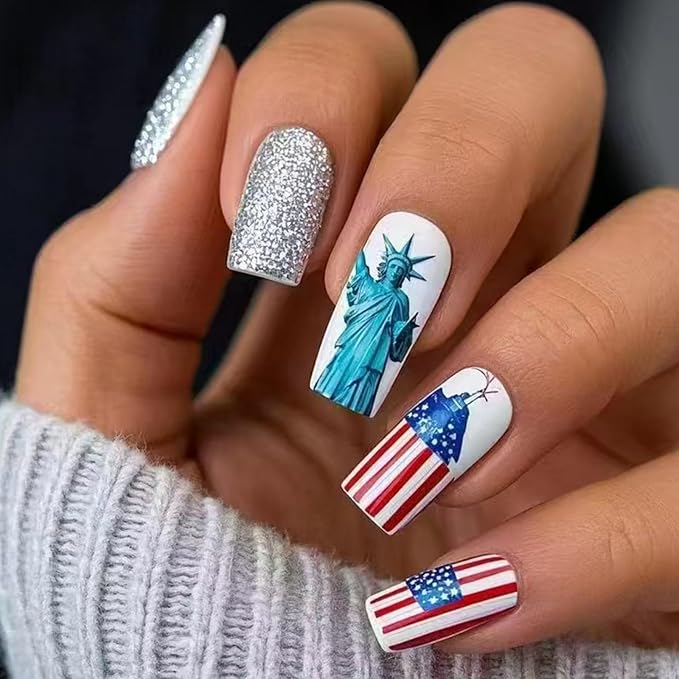 Independence Day Press on Nails Medium Square Fake Nails with Red Blue American Flag Design Glitter False Nails Statue of Liberty Glue on Nails 4th of July Acrylic Nails for Women Girls Manicure 24Pcs