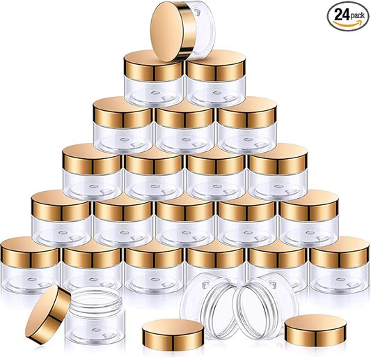 SATINIOR 24 Pieces Empty Clear Plastic Jars with Lids Round Storage Containers Wide-Mouth for Beauty Product Cosmetic Cream Lotion Liquid Butter Craft and Food (Gold Lid,1 oz)-VivaGrace Women