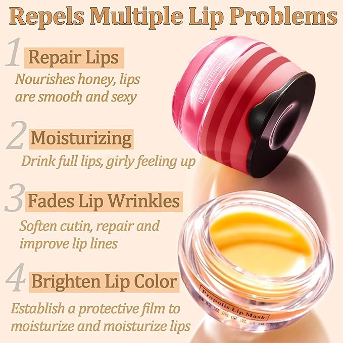 2 PCS Lip Balm Honey Pot, Honey & Strawberry Lip Sleeping Mask Vitamin E & Moisturizing Propolis Lip Balm with Stick, Prevention Dry and Cracked Lip Scrubs Exfoliator Lip Wrinkle-VivaGrace Women