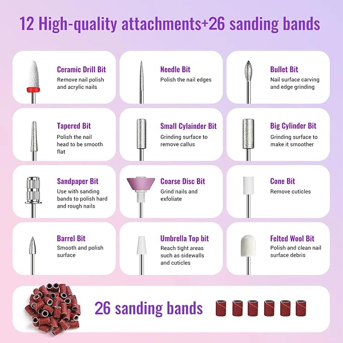 Electric Nail Drill File Cordless,Portable Rechargeable Nail File Kit for Acrylic & Gel Nails,Professional Efile for Manicure Pedicure Polishing,with 12 Nail Drill Bits 31 Sanding Bands,Purple-VivaGrace Women