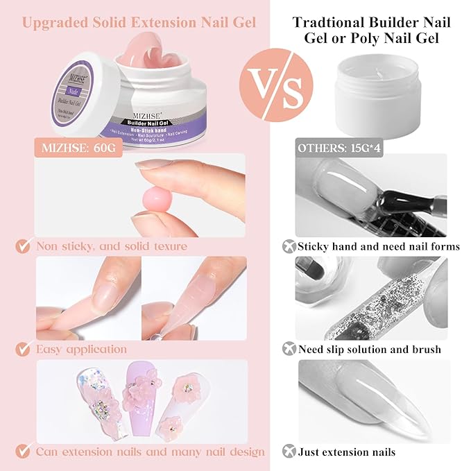 MIZHSE Solid Nail Builder Gel, 2.1 oz 60g Nude Builder Gels for Nails Non-Sticky Solid Builder Gel for Extensions Hard Gels with 24pcs Dual Forms and Silicone Pen Nails Art Manicure Set-VivaGrace Women