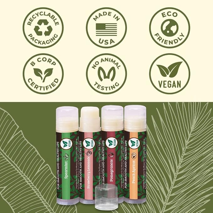 Vegan Lip Balm by Earth’s Daughter, Beeswax Free Lip Balm, Natural, Organic Flavors - 4 Pack of Assorted Flavors, Plant Based Vegan Chapstick, Lip Moisturizer-VivaGrace Women