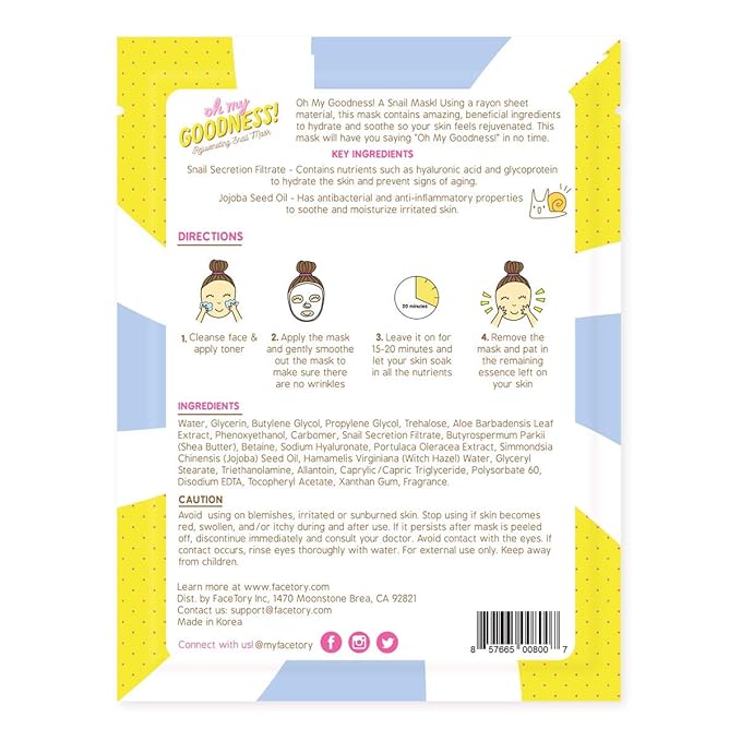 FACETORY K Beauty Face Mask Skin Care - OH MY GOODNESS REJUVENATING SNAIL Sheet Mask with Snail Essence & Hyaluronic Acid | Seal in Moisture (5 Pack)-VivaGrace Women
