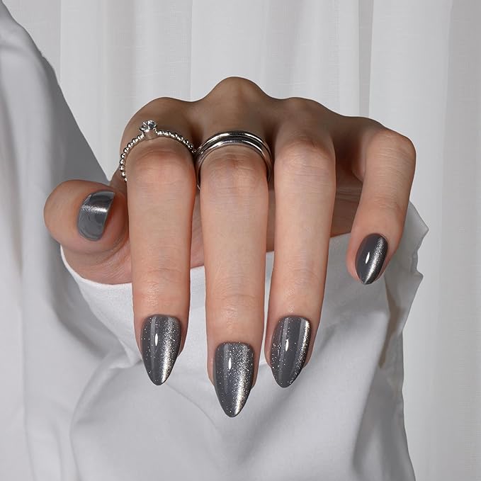 KQueenest Glitter Cat Eye Press on Nails Short Almond with UV Coating, Thick Cute Gel Nails Press on, Gloss Acrylic Fake Nails Glue on with Bling Design - 30 Reusable False Nails, Smoky Grey Sparkle