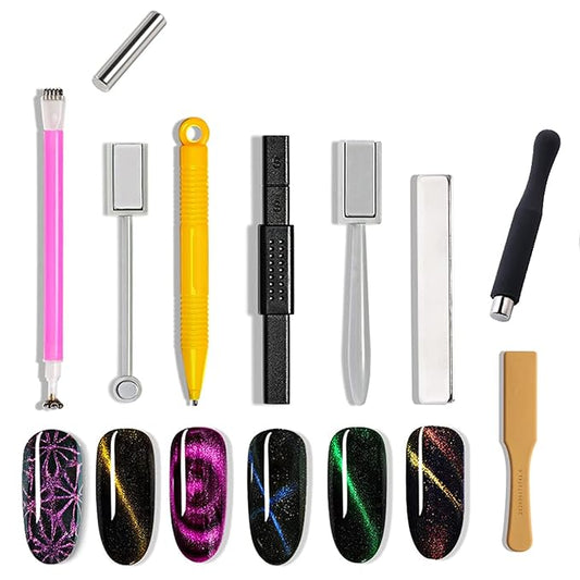 JERCLITY 9 Pieces Nail Magnet Tool Set Double-Head Flower Design Nail Magnet Pens Magnet Stick 3D Magnetic Cat Eye Gel Polish Nail Art for UV Gel Line Strip Multi-Function Magnet Board Nail Art Tool