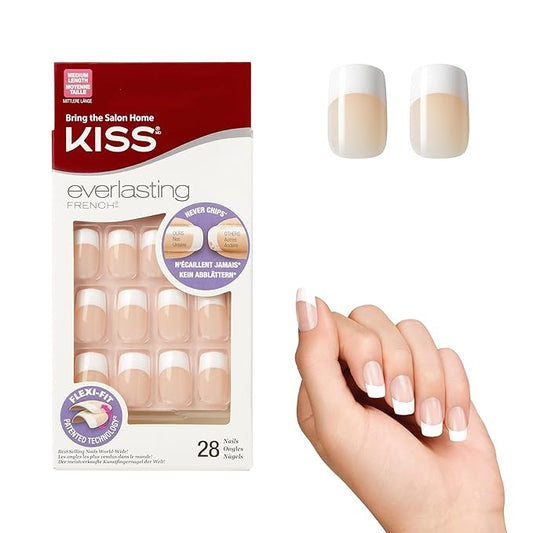 Kiss Everlasting French Nail Manicure, Chip-Free with Flexi-Fit Technology, Medium, "Infinite", Nail Kit with Pink Nail Glue (Net Wt. 2 g / 0.07oz.), Mini File, Manicure Stick, and 28 Fake Nails
