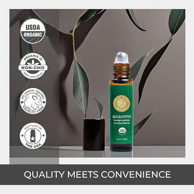 Silk Road Organic Eucalyptus Essential Oil Roll On, 100% Pure USDA Certified - Respiratory Health, Colds, Cough, Sinus & Allergy Congestion - 10 ml Roller - Always Pure, Always Organic-VivaGrace Women