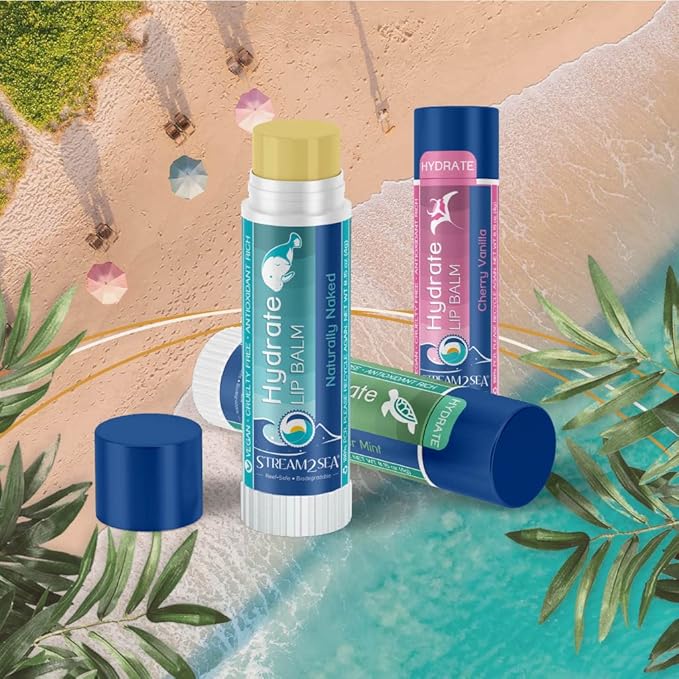 Stream2Sea Hydrate Lip Balm Set, Cherry Vanilla, Naturally Naked and Cucumber Mint Reef Safe Lip Balms, Nourishing and Moisturizing Indoor Lip Balm For Daily Use, Paraben Free-VivaGrace Women
