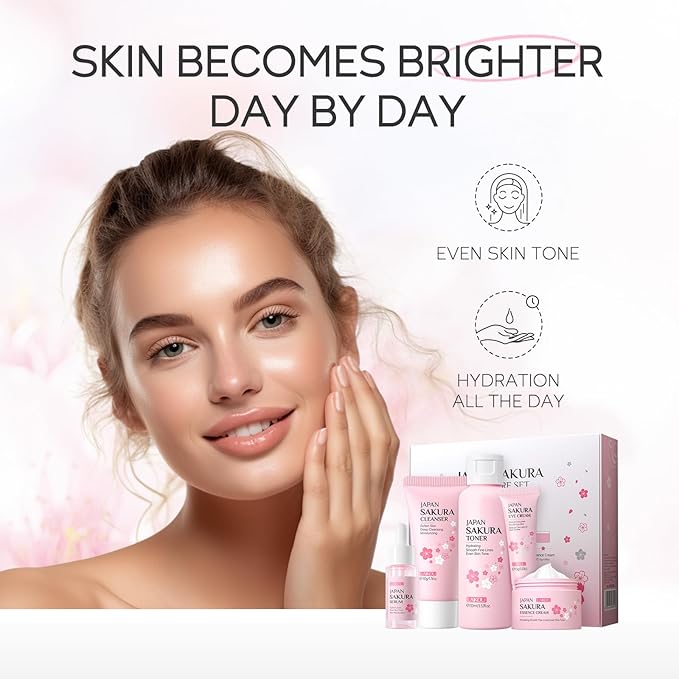 Skin Care Set JAPAN SAKURA Women Beauty Gift Sets Skin Care Kit with Cleanser, Toner, Serum, Eye Cream, Face Cream Travel Kit for Women Teen Girls Mom Daughter Birthday TSA-friendly Sizes 5pcs-VivaGrace Women