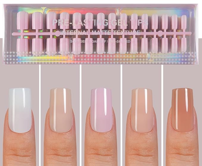 Short Square Press On Nails, 5 Colors Pre-Lasting Soft Gel Nails Tips, 150Pcs Natural Fake Nails for Nail Art DIY 15 Sizes
