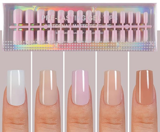 Short Square Press On Nails, 5 Colors Pre-Lasting Soft Gel Nails Tips, 150Pcs Natural Fake Nails for Nail Art DIY 15 Sizes