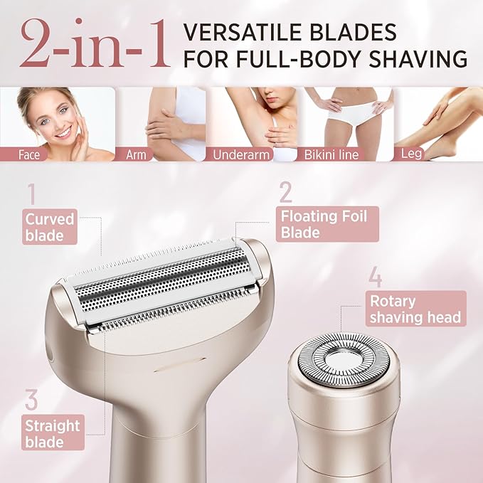 Electric Razor for Women Body: Rechargeable Painless Electric Shaver for Bikini Face Body Legs Underarms - 3-in-1 Blade and Rotary Shaving Head (Honey Gold)-VivaGrace Women