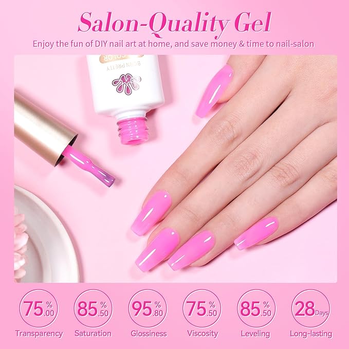Born Pretty Jelly Gel Nail Polish Set - Milky Jelly Hot Pink Translucent Gel Polish - Spring Summer Neon Pink Valentine's Day Gift 6PCS-VivaGrace Women