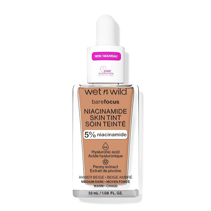 wet n wild Bare Focus Skin Tint, 5% Niacinamide Enriched, Buildable Sheer Lightweight Coverage, Natural Radiant Finish, Hyaluronic & Vitamin Hydration Boost, Cruelty-Free & Vegan - Amber Beige-VivaGrace Women