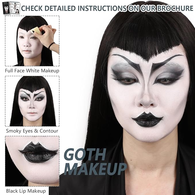 Halloween Goth Makeup, Complete Goth Make Up Set with White Foundation, Black Lipstick, Dark Smokey Eyeshadow Kit for SFX Gothic Makeup, Cosplay, Costume Party, Theater and Film-VivaGrace Women