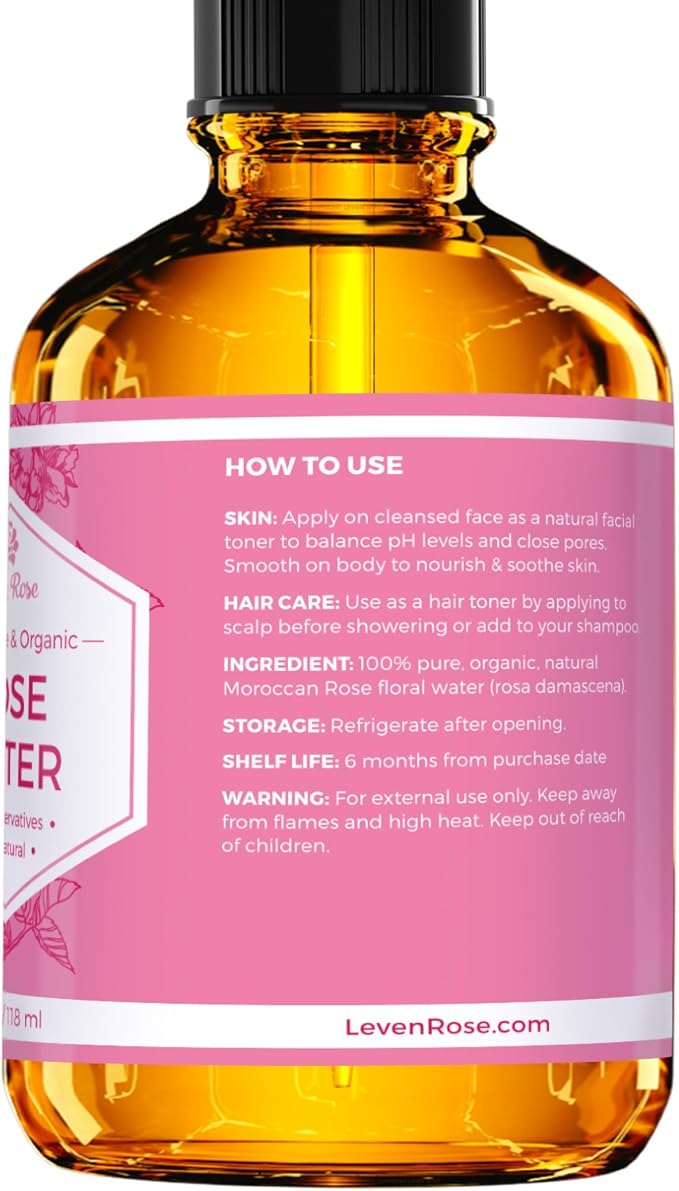Rose Water Spray for Face by Leven Rose - Pure Natural Moroccan Rosewater Hydrosol Face Spray - Organic Rose Water for Hair 4 oz-VivaGrace Women