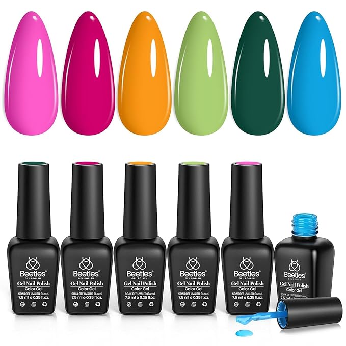 beetles Gel Polish Set - Hot Pink Green Blue Orange Gel Nail Polish Rainbow Boundless Energy Collection Holiday Nail Art Design Soak Off Uv LED Manicure DIY Home-VivaGrace Women