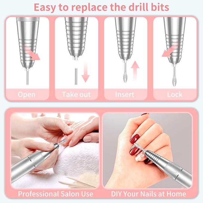 Portable Nail Drill Professional 35000 RPM, MOCOWIND Rechargeable Electric Nail File Machine for Acrylic Nails Gel Polishing Removing, Cordless E-File with Bits Kit for Manicure Salon Home, White-VivaGrace Women