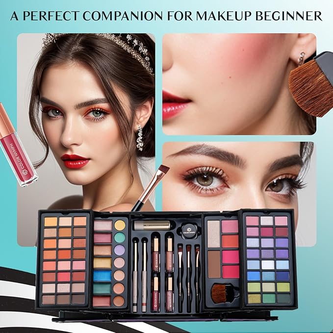 Color Nymph All In One Makeup Kit Comestics Gifts for Girls Teens, Travel Makeup Set 4 Trays Train Case for Beginner Includes Eyeshadow Highlighter Lipgloss Blush Concealer Brush Eyeliner Lipbalm-VivaGrace Women