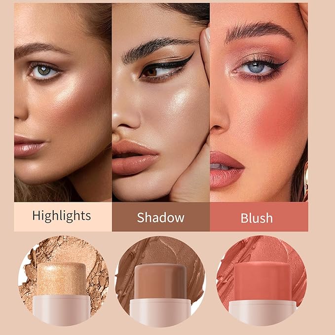 3Pcs Cream Contour Stick, with Highlighter Stick Milk Bronzer Stick Blush Stick, Face Contour Stick Highlighter Makeup with Makeup Brush and Sponge, Easy to Sculpt the Face, Long Lasting-VivaGrace Women