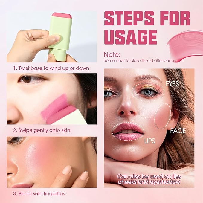 Buqikma Blush Stick Hydrated Solid 2PCS Blush Stick for Cheeks - Soft Cream Blush Stick Natural Matte Makeup Blush Stick Cream Blush Moisturizer Stick for Face,Lips and Eyes (Shy Pink+Orange)-VivaGrace Women