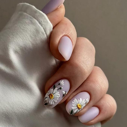 Flower Press on Nails Purple Fake Nails Medium Oval Nail Press ons with Design Lilac Glue on Nails Reusable Artificial Acrylic Nail Full Cover Stick on Nails Cute False Nails for Women Manicure 24pcs