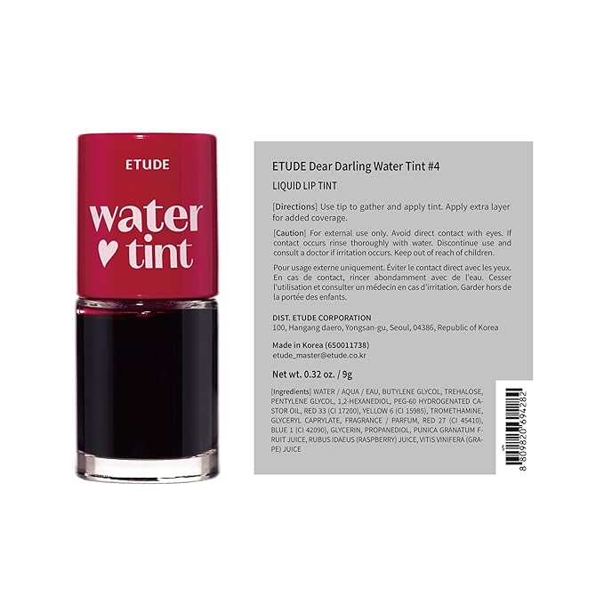 ETUDE Dear Darling Water Tint #4 Red Grapefruit Ade (9g) | Vivid Color Lip Stain with Moisturizing Weightless & Non-sticky Finish Lip Stain | Korean Makeup, Kbeauty-VivaGrace Women