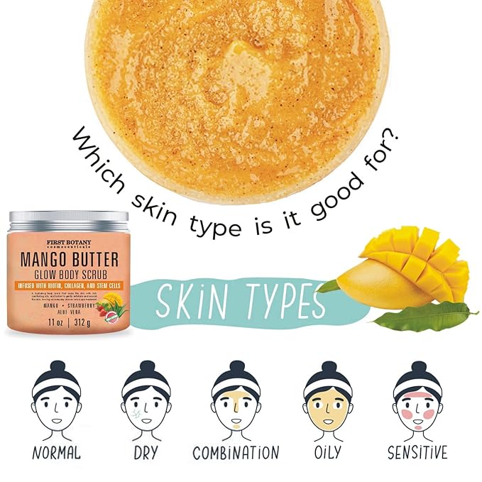 Mango Butter Body Scrub Exfoliator Biotin, Collagen, Stem Cells - Natural Exfoliating Salt Scrub & Body and Face Souffle helps with Moisturizing Skin, Acne, Cellulite, Dead Skin Scars, Wrinkles- 11 oz-VivaGrace Women