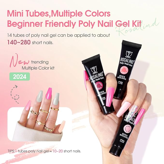 ROSALIND 14 Colors Poly Nail Gel Kit with Mini Nail Lamp Pink Brown Poly Nails Gel Kit Starter Kit With Slip Solution Kit Pink Extensions Gelfor Nail Manicure Beginner-VivaGrace Women