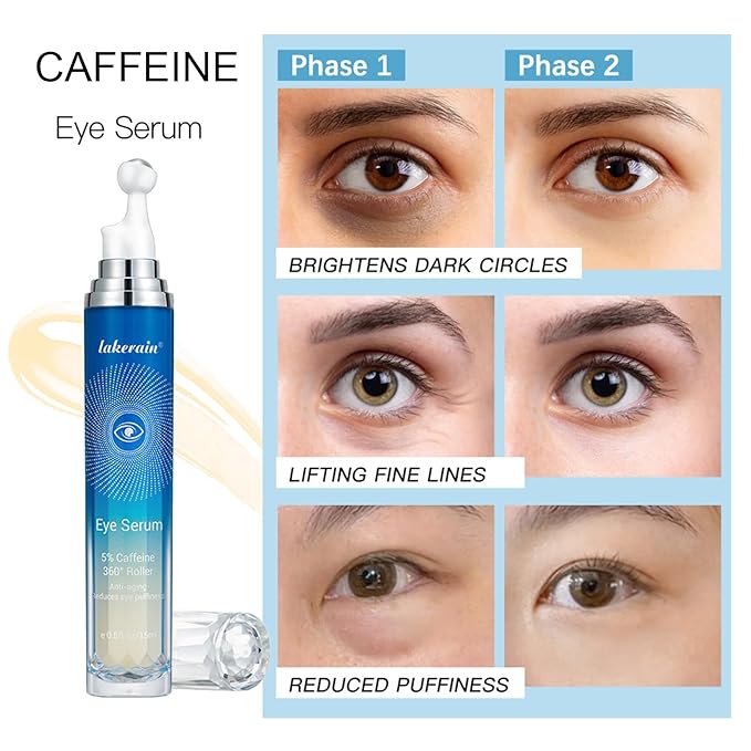 5% Caffeine Eye Serum with 360° Eye Massage Roller Eye Serum for Dark Circles & Relieve Puffiness, Reduce Wrinkles and Fine Lines, Eye Bags, Tighten Lifting Brightening Under Eye Cream-0.5 OZ-VivaGrace Women