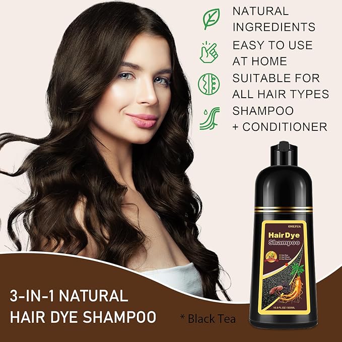 Natural Black Tea Hair Dye Shampoo 3-in-1, 100% Gray Hair Coverage in Minutes, Hair Instant Dye Shampoo for Women Men, Plant Based Hair Color Shampoo with Conditioner, Champu Con Tinte Para Canas-VivaGrace Women