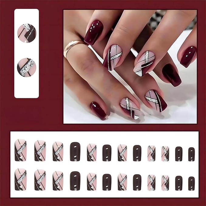 Acrylic Press on Nails Medium Square Fake Nails with Glue Wine Red Fake Nails with Designs Glitter Lines Nail Press ons Glossy Artificial Nails Holiday Nails Stick on Nails for Women 24Pcs