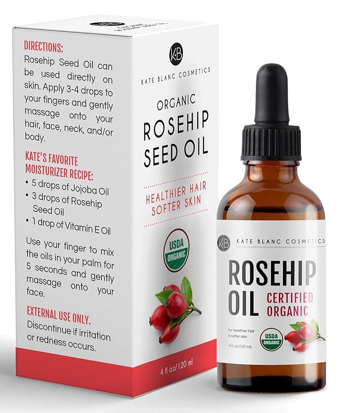 Kate Blanc Cosmetics Rosehip Oil for Face & Skin (4oz, Organic, Pure, Cold Pressed) Rosehip Seed Face Oil for Facial & Gua Sha Massage-VivaGrace Women
