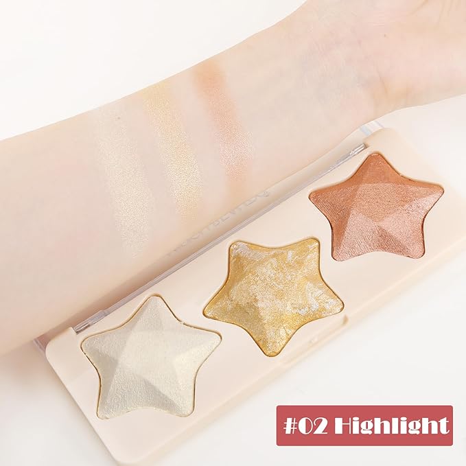 Boobeen 3 Colors Baked Shimmer Highlight & Blush Palette, Powder Palette Facial Bronzers Illuminator Makeup Palette, Lightweight Highlighter Blusher Contour for Cheeks, Lasting Natural Glowing-VivaGrace Women
