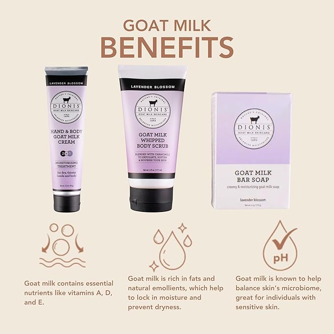 Dionis Goat Milk Skincare Lavender Blossom 3 Piece Self Care Essentials Gift Set - Bar Soap, Hand & Body Cream & Whipped Chamomile Sugar Body Scrub In Recyclable Box - Exfoliate & Moisturize Dry Skin-VivaGrace Women