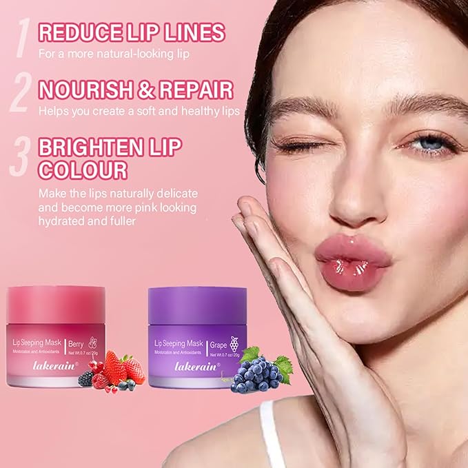 2PCS Lip Sleeping Mask, Lip Mask Overnight, Moisture & Lip Plumper Lip Wrinkles, Repair Lip Balm Prevention Dry and Cracked Lip Scrubs Exfoliato Smoothing Dry Lip Mask (Berry + Grape)-VivaGrace Women