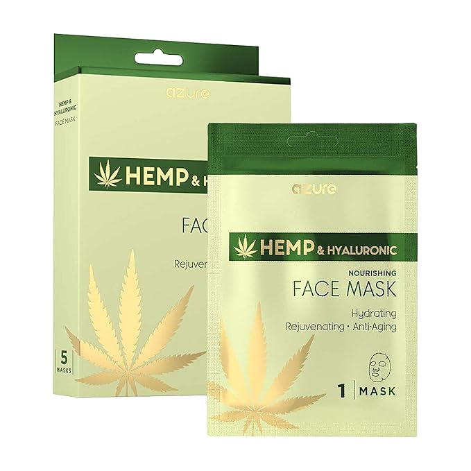 Azure Cosmetics Hemp Oil & Hyaluronic Acid Nourishing Facial Sheet - Anti Aging, Rejuvenating & Deeply Hydrating Mask - Reduces Fine Lines & Wrinkles, Locks in Moisture - Korean Skin Care - Pack of 5-VivaGrace Women