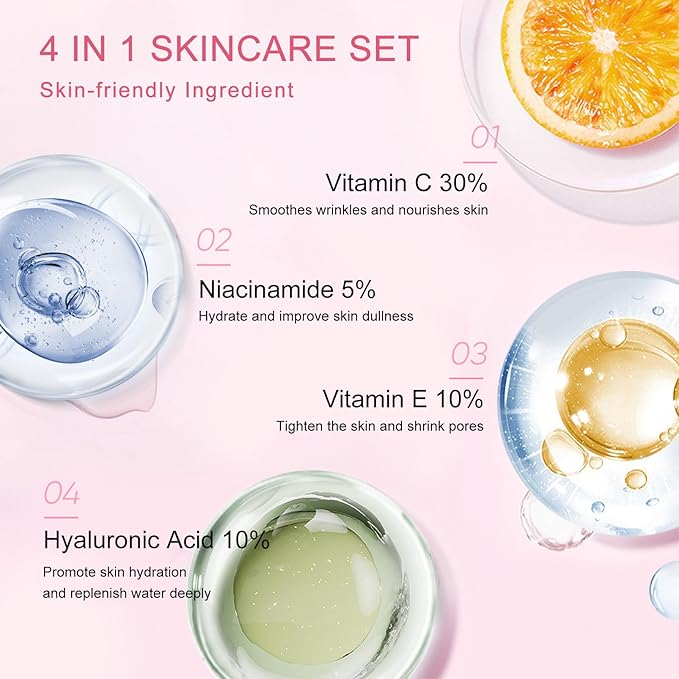 4 IN 1 Face Care Kit, Gifts for Women, Anti Aging Skin Care Set, Reduce Wrinkles with Hyaluronic Acid, Niacinamide, Vitamin C, Vitamin E, Daily Skin Care Routine, Face Skin Care Kit for Women Gift-VivaGrace Women