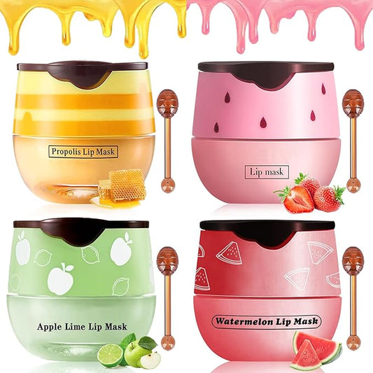 4 PCS Bee Lip Balm Lip Mask Honey Pot,Honey & Strawberry & Watermelon & Apple Lime Lip Mask Propolis Moisturizing Lip Balm with Stick,Sleeping Lip Mask Hydrating Prevention Dry & Cracked-VivaGrace Women